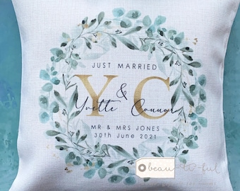 Personalised Names Married Mr Mrs Home Quote Eucalyptus Wreath Design Home Quote Linen Style Cushion cover