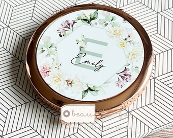 Personalised Name and initial Roses Floral Greenery Round Rose Gold Silver Compact Pocket Mirror Keepsake Bridesmaid Gift