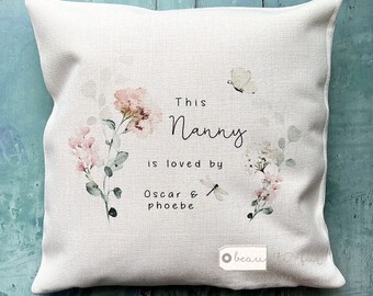 Personalised This Nanny is loved by... Mum Nanna Auntie Grandma Nan Gran Quote Wildflower Greenery Home Quote Linen Style Cushion cover
