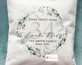 Personalised Home Sweet Home Address Quote Foliage Greenery Design Home Quote Linen Style Cushion cover