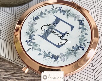 Personalised Name And initial blue winter floral Round Rose Gold Silver Compact Pocket Mirror Keepsake Bridesmaid Gift