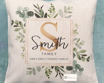 Personalised Family Name Home Quote Geometric Greenery Design Home Quote Linen Style Cushion cover
