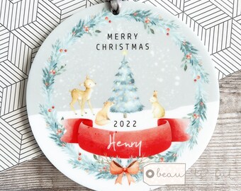 Personalised Merry Christmas Tree woodland animals  Design Acrylic or ceramic Round Ornament Keepsake Tree Decoration Child boy girl gift