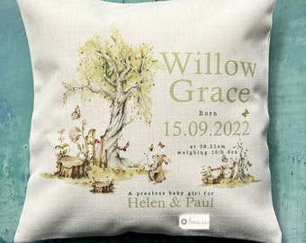 Personalised New Baby Girl Pink Sage Woodland Rabbit Design Home Quote Linen Style Cushion cover - Newborn - Birth - Baby Girl