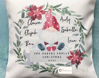 Personalised Christmas Family Names Home Santa Gnome Foliage Greenery Design Home Quote Linen Style Cushion cover