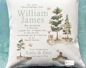 Personalised Christening Baptism Gift Promise to Godchild Godson Goddaughter Woodland Deer Linen Style Cushion Baptism Godparent Godmother