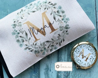 Personalised Name Eucalyptus Design Linen style Fabric Make up Bag Birthday gift for her mum sister friend