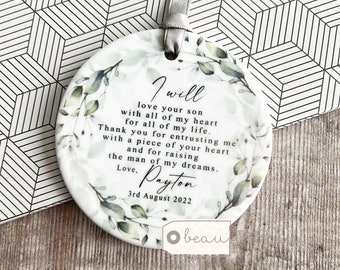 Personalised Mother of Groom Bride Thank you Bride Groom Quote Wreath Greenery Ceramic or Acrylic Round Decoration Ornament Wedding Keepsake