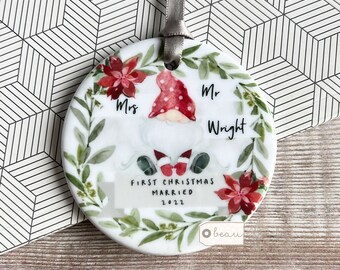 Personalised First Christmas Married Mr Mrs Newlywed Santa Gnome signpost Design Ceramic or Acrylic Round Ornament Keepsake