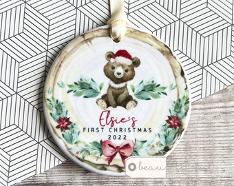 Personalised 1st Christmas Baby Babies Baby’s First Christmas Bear Design Ceramic or Acrylic Round Ornament Keepsake Boy gift child gift