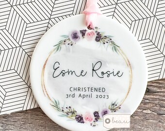Personalised Christening Baptism gift Baby Boy Girl Blush Mauve Pink Floral Design Ceramic or Acrylic Round Ornament Keepsake