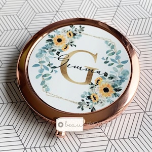 Personalised Name Sunflower floral Round Rose Gold Compact Pocket Mirror Keepsake