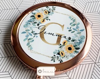 Personalised Name Sunflower floral Round Rose Gold Compact Pocket Mirror Keepsake