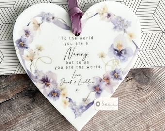 Personalised Mum Mom Mother Nanny Gran Nan Gift Sentiment To the world you are a …  Lilac Ribbon Heart Floral Quote Acrylic hanging keepsake