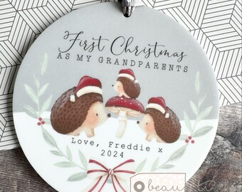 Personalised First Christmas as Grandparents Gran Grandma Nanna New Baby Woodland hedgehog Greenery Ceramic or Acrylic Ornament Keepsake