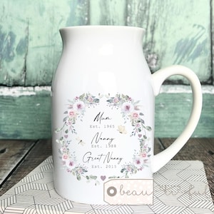 Personalised Mum, Grandma, Great Grandma gift Nanna Nanny Gran Granny Peach Floral Ceramic Small Vase Jug Mug Birthday gift Mother’s Day