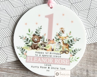 Personalised First 1st Happy Birthday Age Girl Gift Woodland animals Greenery Ceramic or acrylic Round Decoration Ornament Wedding Keepsake
