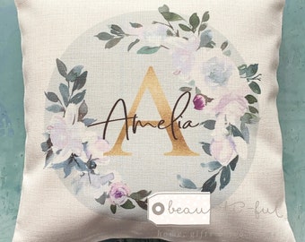 Personalised Name White pink Floral Design Home Quote Linen Style Cushion cover