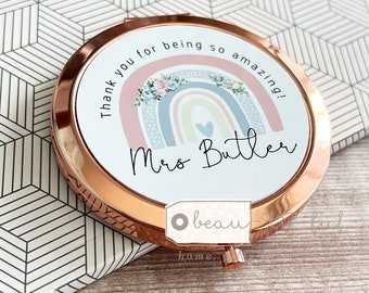 Personalised Thank you teacher teaching assistant Pretty Rainbow Round Rose Gold Compact Pocket Mirror