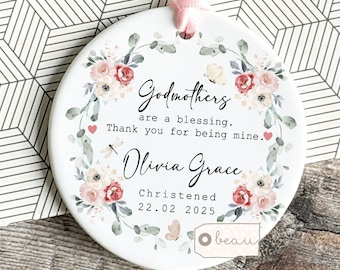 Personalised Thank you Godmother Godfather Godparents Gift Christening Baptism Quote Floral greenery Round Ornament Decoration Keepsake