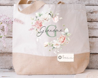 Personalised Mother’s Day gift Auntie Mum Grandma Nan Nanna Nanny Name and initial floral Mother’s Day Birthday Tote Bag Jute Shopping bag