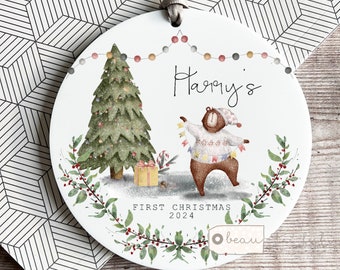 Personalised Baby Babies Baby’s First Christmas Gift Newborn Polar bear Santa hat jumper Scene Design Ceramic or acrylic Ornament Keepsake