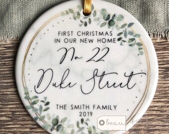Personalised First Christmas at Address New Home Eucalyptus Botanical Greenery Design Ceramic or Acrylic Round Ornament Keepsake
