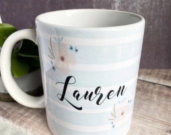 Personalised Name Blue Stripe floral Ceramic Mug - Tea mug - coffee Mug - Gift mug