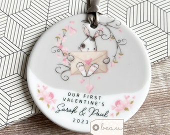 Personalised Our First Valentine’s Valentine’s Gift Bunny Heart Ceramic Round Decoration Ornament Keepsake