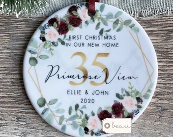 Personalised First Christmas gift at Address New Home House Burgundy Greenery Design Ceramic or Acrylic Round Ornament Keepsake