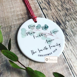 Personalised Christmas Family gift Names Greenery Eucalyptus leaf Design Ceramic or Acrylic Round Ornament Keepsake