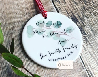 Personalised Christmas Family gift Names Greenery Eucalyptus leaf Design Ceramic or Acrylic Round Ornament Keepsake
