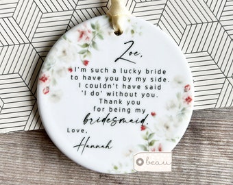 Personalised Thank you Bridesmaid Flower Girl Maid of Honour Floral Greenery Ceramic or acrylic Round Decoration Ornament Wedding Keepsake