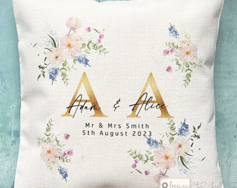 Personalised Just Married gift wedding gift Mr Mrs Bride Groom Newlywed Marriage Home Wildflower Design Home Quote Linen Style Cushion cover