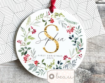 Personalised First Christmas Gift Baby Boy Girl Newborn Greenery Holly Wreath Design Ceramic or Acrylic Round Ornament Keepsake