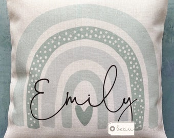 Personalised Name Pale Green Pastel Rainbow Design Home Quote Boho Linen Style Cushion cover