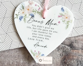 Personalised Bonus Mum Mom Stepmum stepmom Like a mum Thank you Quote Lilac rose Greenery Acrylic heart Ornament Wedding Keepsake