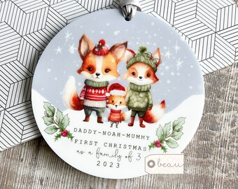 Personalised 1st First Christmas as family of 3 4 5 Woodland Fox Mummy Daddy Mammy Mommy Jumpers Acrylic Or ceramic Ornament Keepsake