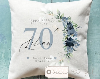 Personalised Happy Birthday Gift Age Milestone  21 30 40 50 60 70 80 90 blue Floral Design Home Quote Linen Style Cushion Friend Nanny gift