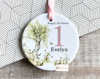 Personalised First 1st Happy Birthday woodland rabbit floral Greenery Design Ceramic or Acrylic Round Decoration Ornament Wedding Keepsake
