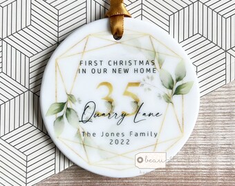 Personalised First Christmas gift at Address New Home Eucalyptus Botanical Greenery Design Ceramic or Acrylic Round Ornament Keepsake