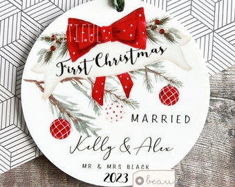 Personalised First Christmas Married Wedding gift as Mr Mrs Gift Newlywed Bow wreath Greenery Ceramic or acrylic Round Ornament Keepsake