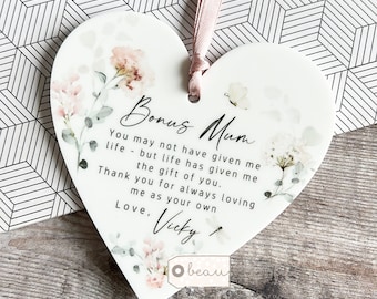 Personalised Bonus Mum Mom Stepmum stepmom Like a mum Thank you Quote wildflowers Greenery Acrylic heart Ornament Wedding Keepsake