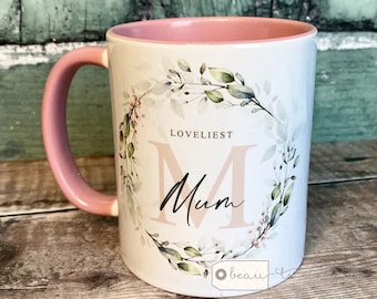 Personalised Loveliest Role and initial pink Greenery Wreath Ceramic Mug - Tea mug - coffee Mug - Gift mug Mum Sister Grandma Teacher