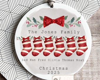 Personalised Family Christmas gift Stockings Greenery Design Acrylic or ceramic Round Ornament Keepsake Tree decoration gift