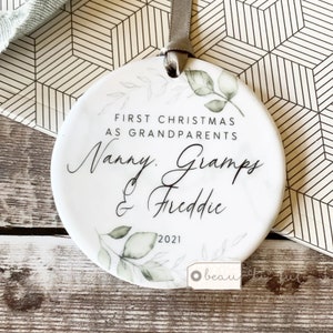Personalised First Christmas as Grandparents Gran Grandma Nanna New Baby Design Ceramic or Acrylic Round Ornament Keepsake