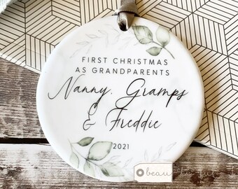 Personalised First Christmas as Grandparents Gran Grandma Nanna New Baby Design Ceramic or Acrylic Round Ornament Keepsake