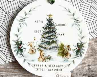 Personalised Christmas Tree woodland animals Grandchildren Acrylic or ceramic Round Ornament Keepsake Tree Decoration Child boy girl gift