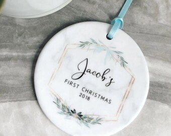 Personalised First Christmas gift Baby Boy Girl Newborn Geometric Greenery leaf Bow Design Ceramic or acrylic Round Ornament Keepsake