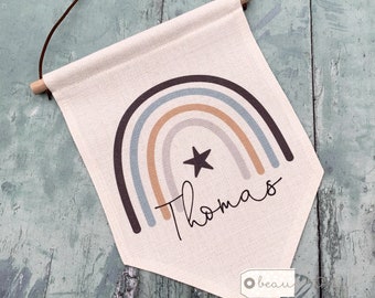 Personalised Name Blue Boy Rainbow Design Home Quote Boho Linen Style Pennant Flag Room Decor